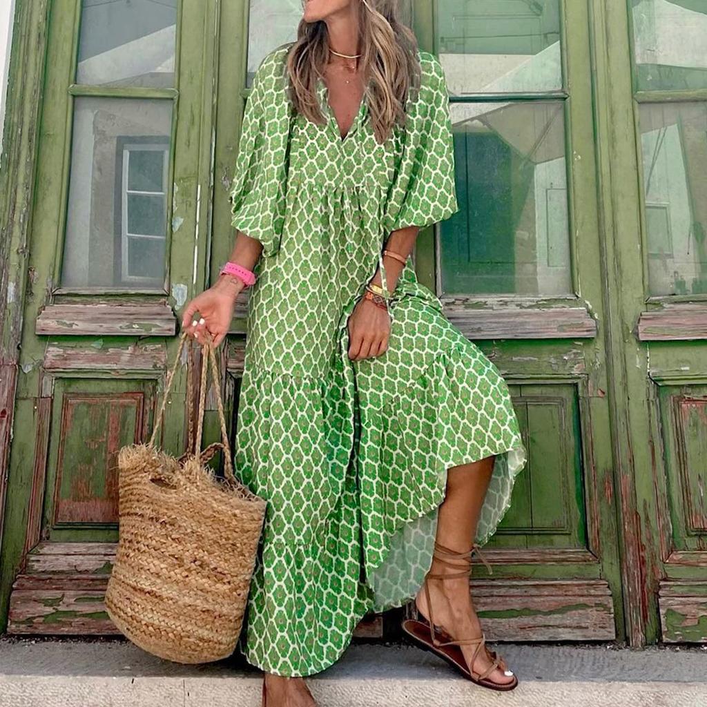 Women Floral Print Bohemian Long Dress Loose V-Neck Fashion Summer Beach Dress