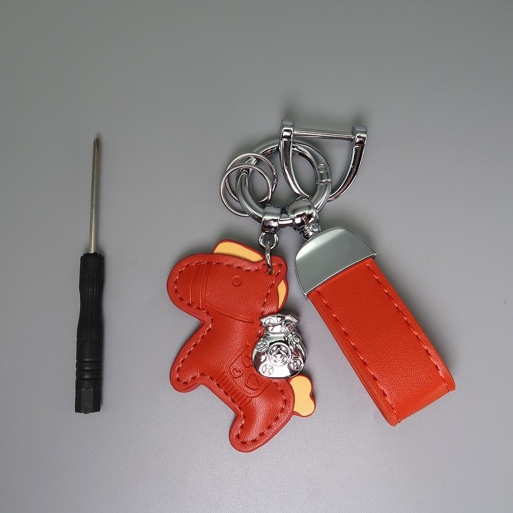 Instant Wealth Leather Keychain with Cartoon Pony Pendant for Couples – Trendy Bag and Car Accessory