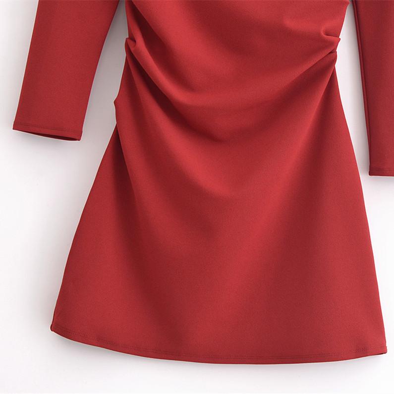 Spring 2025 Women's Elegant One-Shoulder Pleated Dress - Slim Fit, Long-Sleeved, Solid Color