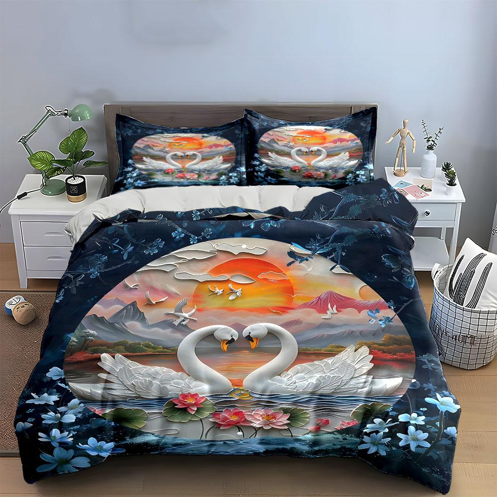 Romantic Swan Sunset Decoration Set Multiple Sizes Kid'S And Adults' Bedroom Exquisite 3Pc Bedding Set, Gift