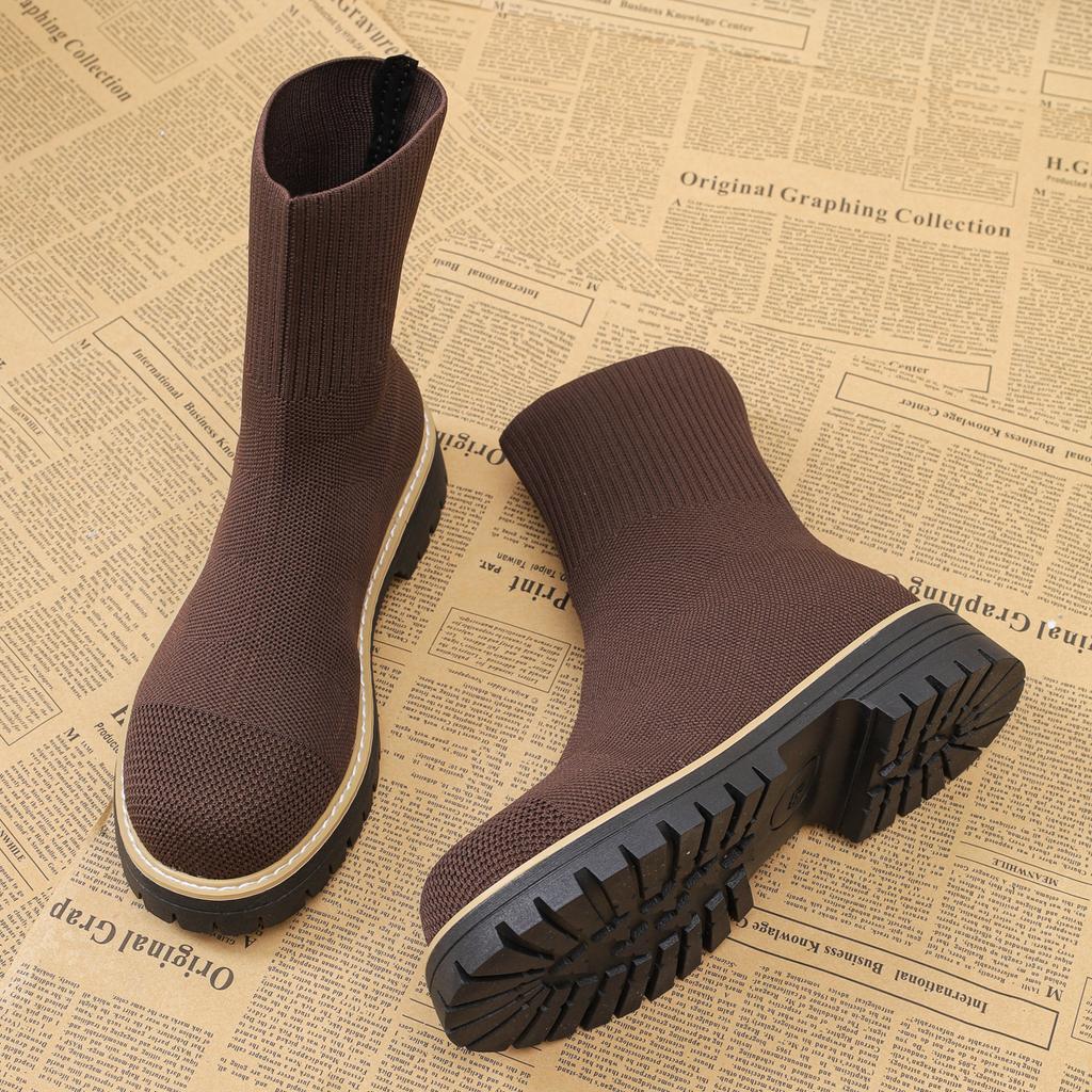 Damenstiefel  Neu  Herbst Winterschuhe Damen Designer Stiefeletten Bequeme Leichte Schuhe Kurze Strick Plateau Stiefel