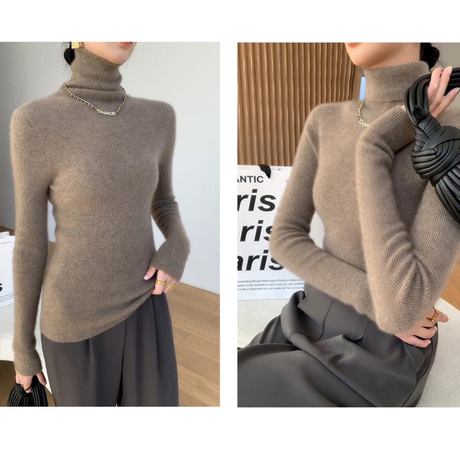 High Neck Cashmere Wool Sweater Women's Solid Color Drawstring Base Layer Slim Fit Thin Knit Pullover Autumn Winter Inner Wear