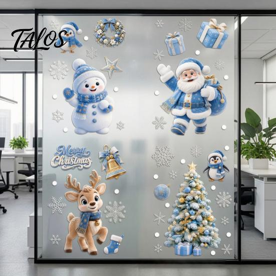 Double Sided Window Decorations 4Pcs Christmas Static Clings, Blue Santa Snowman Reindeer Penguin Party Ornaments Stickers, Reusable Xmas Holiday