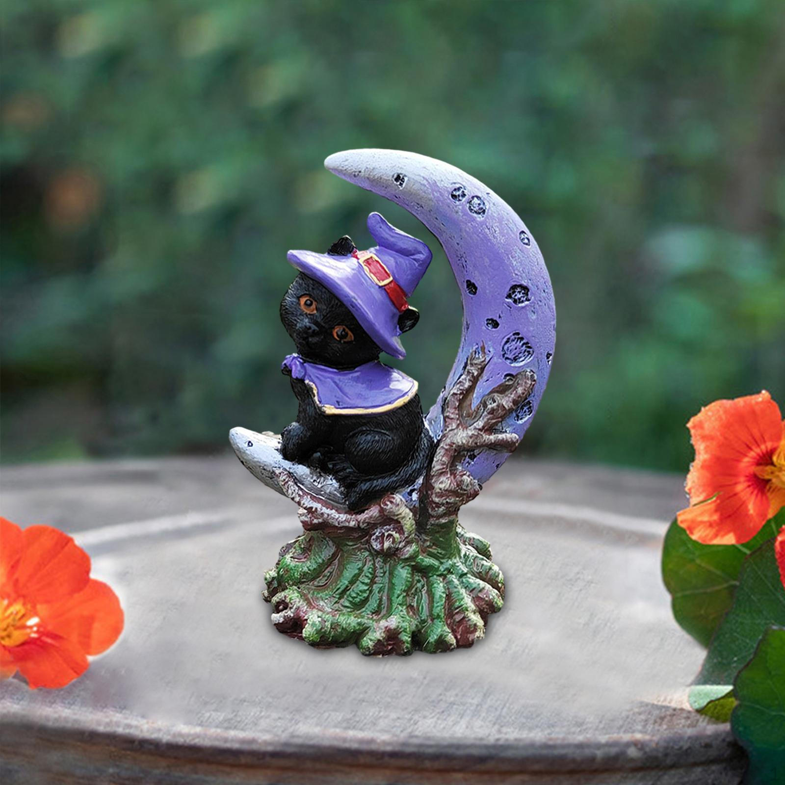 Black Cat with Witch Hat Moon Statue Figurine Garden Decoration Tabletop Centerpiece Left