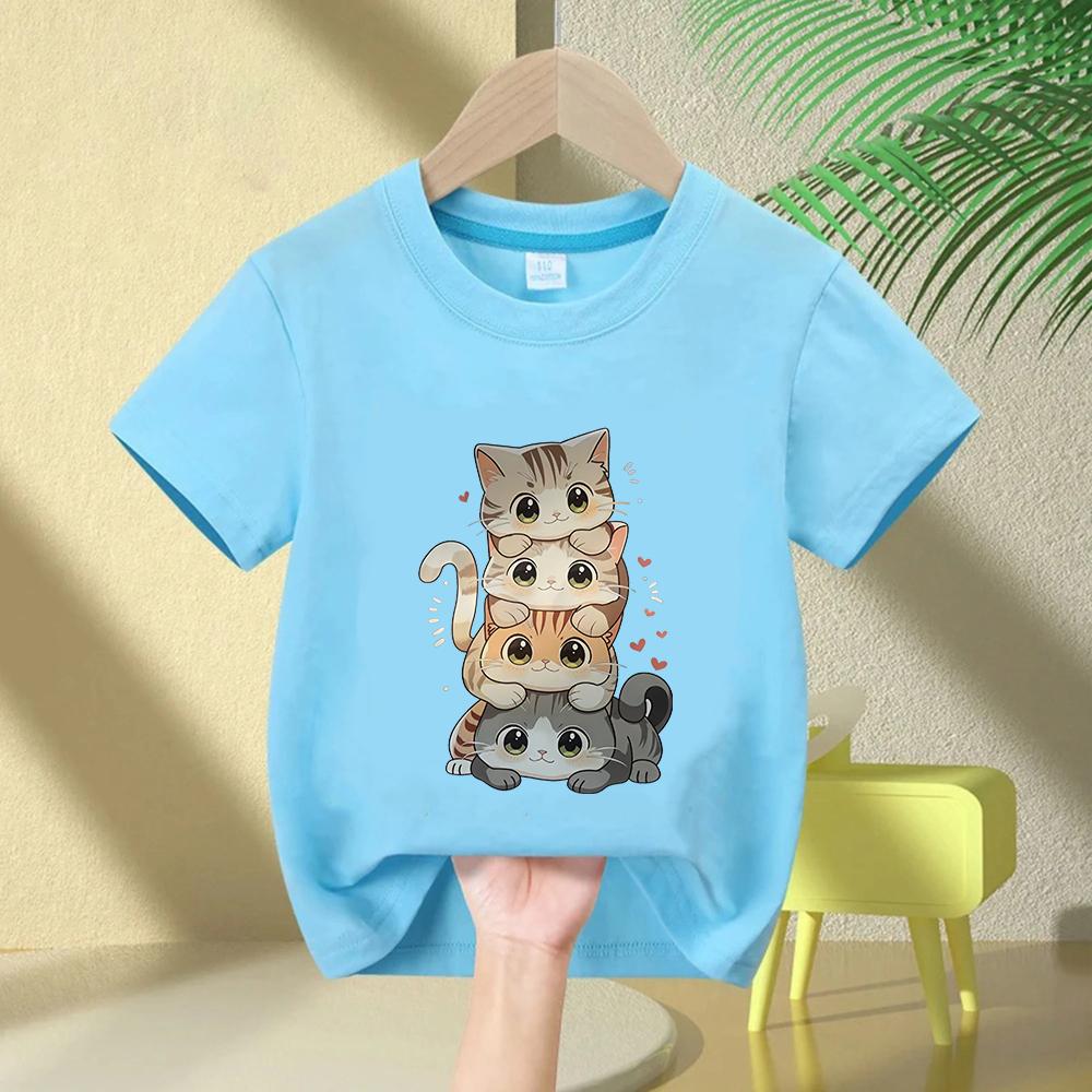 Cute Cartoon Cat Print Kids Round Neck Short Sleeved Tshirt 100cotton Casual Versatile Summer Girl Boy Tshirt
