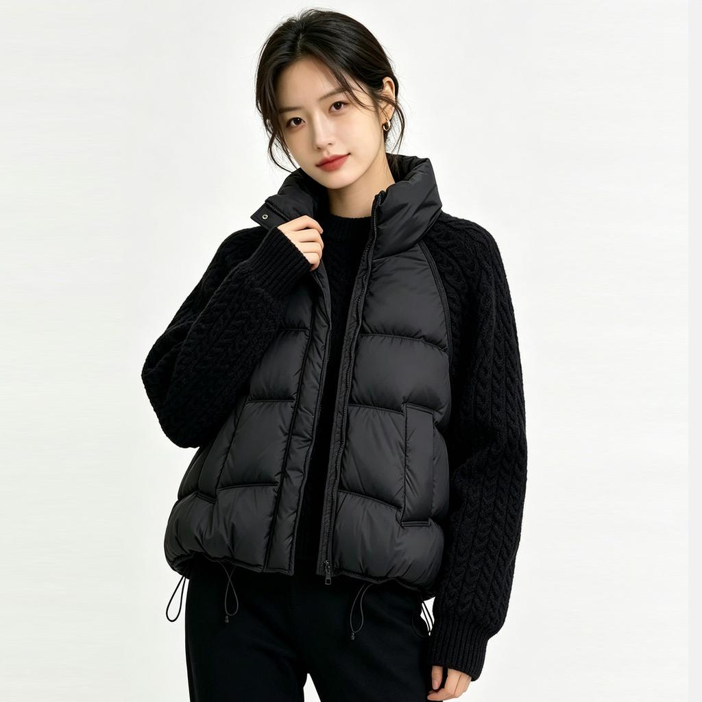 European and American Winter New Stand-up Collar Knitted Sleeves Splicing Shoulder Sleeves Down Cotton Clothes Women's Short Fashion Casu