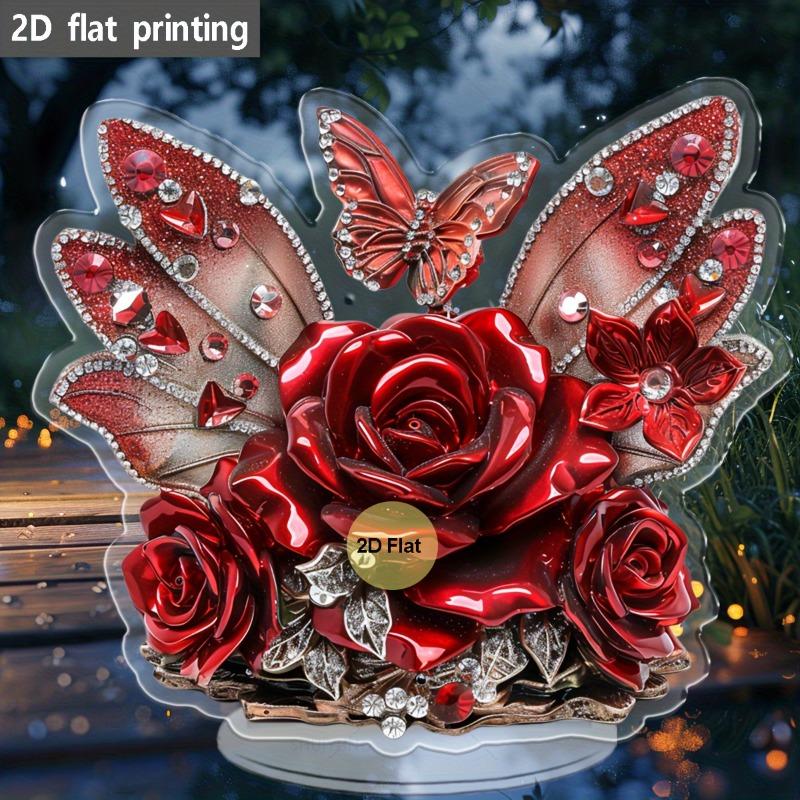 Décoration de bureau Rose Rouge et Papillon Acrylique Plat 2D, Cadeau d'Anniversaire, Motifs adaptés à la Décoration Murale, Porche, Chambre, Villa, Accents Maison, Hal