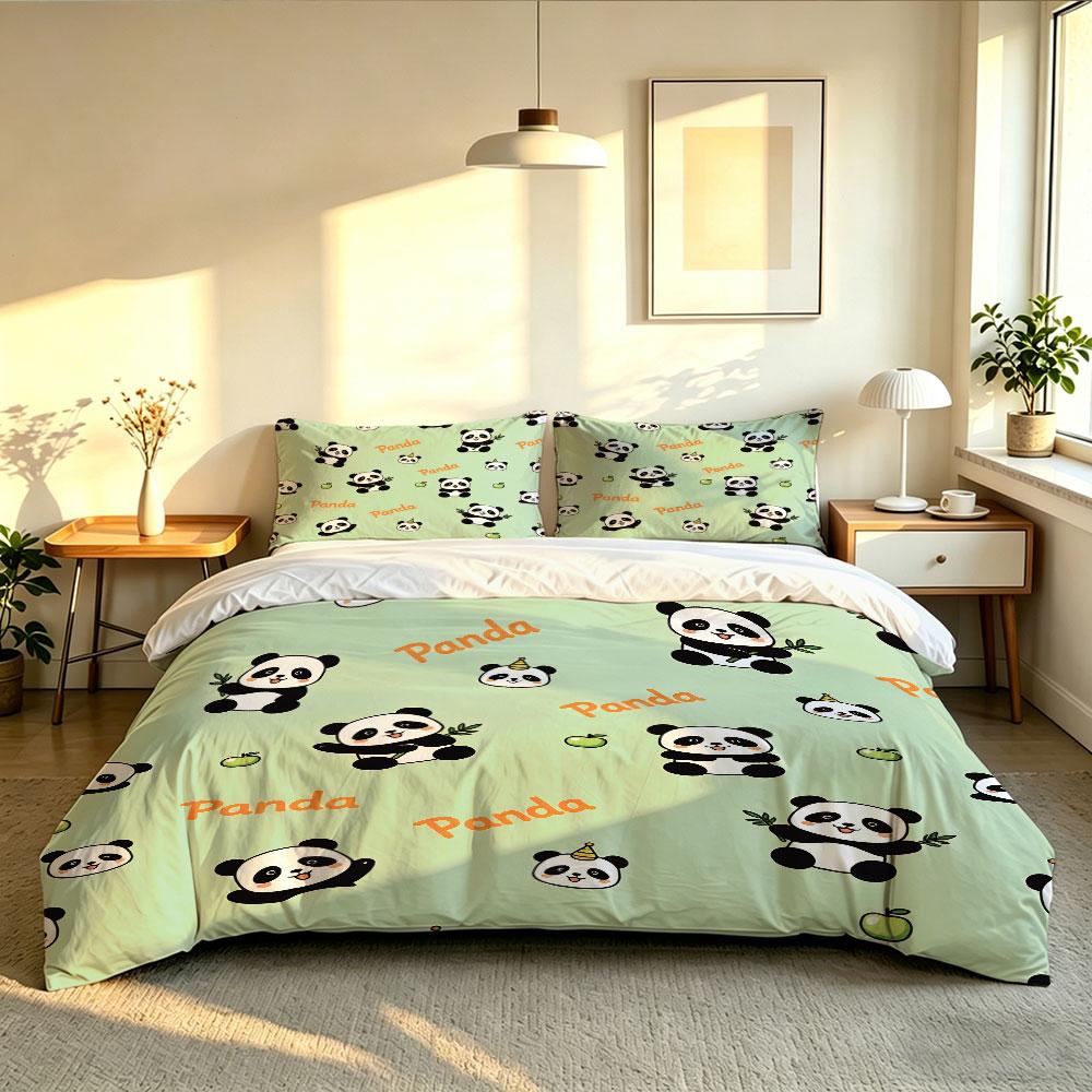 Cartoon Panda 3‑Pieces Bedding Set Duvet Cover Without Filler 2 Pillowcases Soft Comfortable Bedroom Decor Machine Washable H