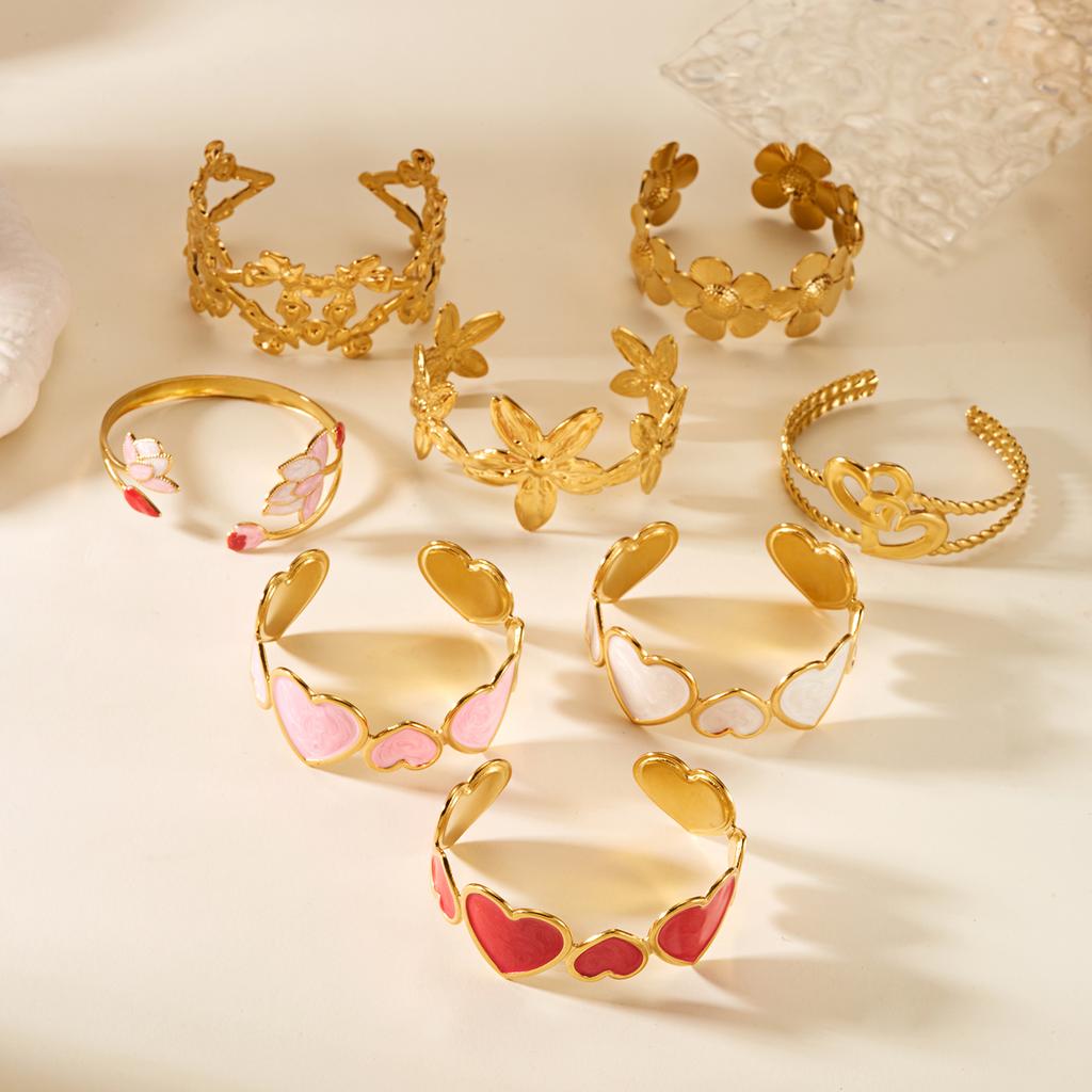 Delicate Pressed Flower Stainless Steel Bracelet for Women Vintage Bow Heart Pattern Dot Bangle Friendship Jewelry Gifts