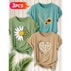 Three-piece Set Elegant Short-sleeved Dress for Women Daisy Butterfly+Leopard Print Heart sunflower+Daisy Heart-shaped Inspirational Print Round Neck