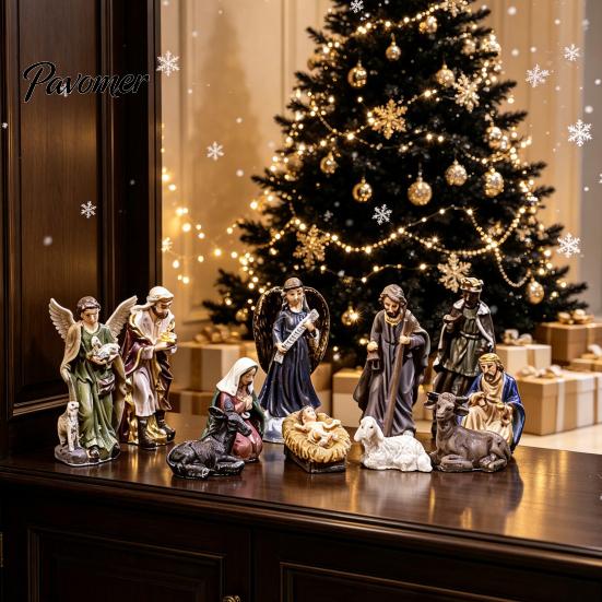 Indoor Creche Display 11 Pcs Christmas Nativity Scene Set, Resin Mini Figurines Tabletop Decor, Centerpieces Holy Family Angel Shepherd Animals