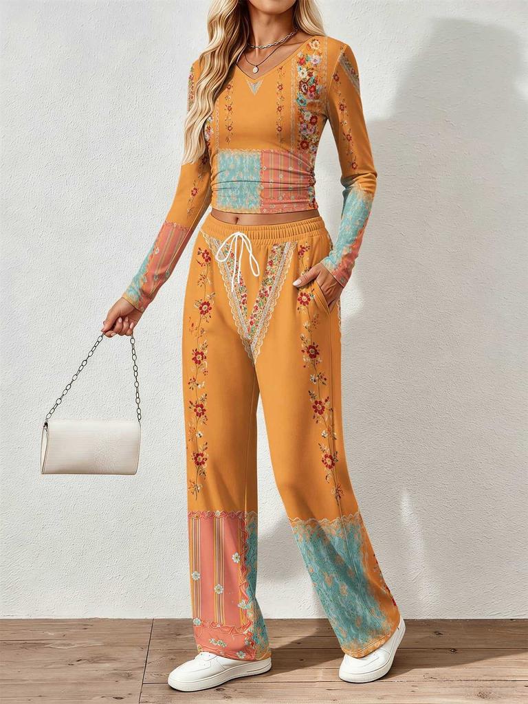 Spring and Autumn Ladies V-Neck Long Sleeve Pants Set Comfortable Casual Versatile Slim Two-piece Set