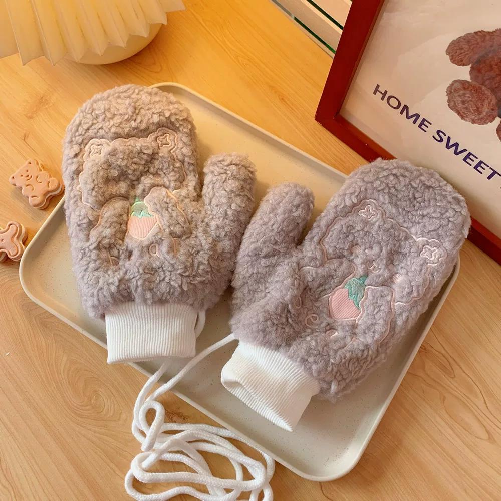 Japanese and Korean Cartoon Gloves, Autumn and Winter Fleece-Lined, Cute Chacha Bear Full-Finger Neck-Hanging Thickened Windproof Warm Casual Plush