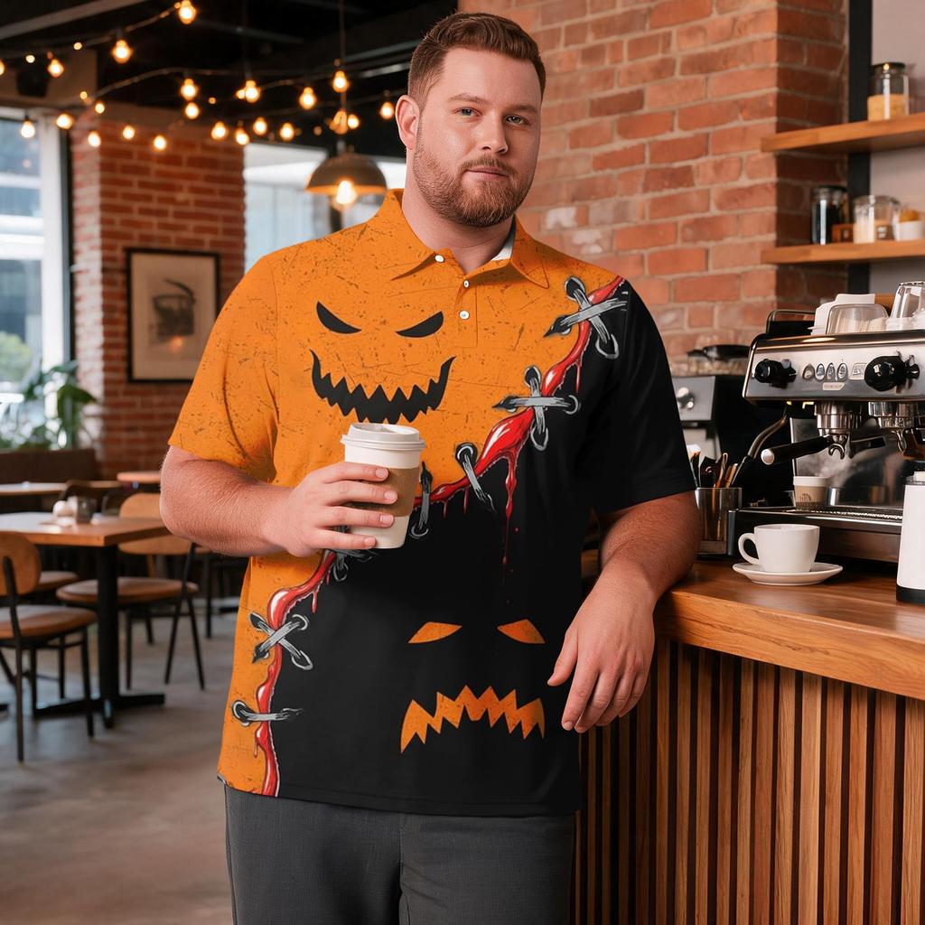 Men's Big Size Halloween Print Golf Polo Shirt Breathable Short Sleeve Casual Workwear Top Comfortable Fit