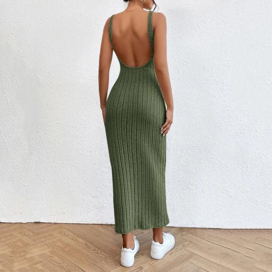 Sommerkleid für Damen, rückenfrei, schmal, ärmellos, einfarbig, elastisch, gestreift, Etuikleid, schmale Taille, O-Ausschnitt, gestrickt, Maxikleid, langes Urlaubskleid