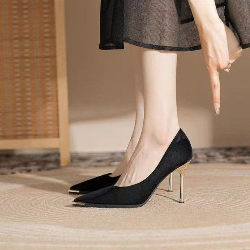 Fashion Women's Thin Heel Shoes Autumn New Metal Pointed Shallow Mouth Anti-slip Wear-resistant High Heels