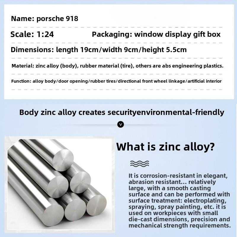 1:24 Porsche 918 Alloy Model sportovního vozu Tlakově litý kov Závodní vůz Model vozidla Model Simulace Kolekce Dekorativní ozdoby Dětské hračky Dárek pro chlapce