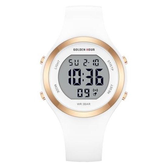GOLDEN HOUR Waterproof Sports Ladies Digital Chronograph Silicone Strap Watch Rose Gold Starlight Milk White. Modern