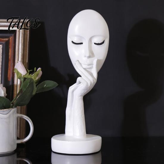 Talos Abstract Contemplative Face Resin Sculpture, Minimalist Hand-on-Chin Bust Statue for Desk Living Room Office, Creative Art Decor Entryway