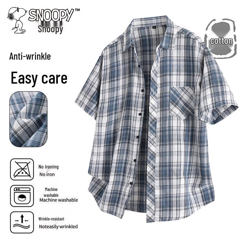 Snoopy Men's Plaid Short Sleeve Casual Shirt