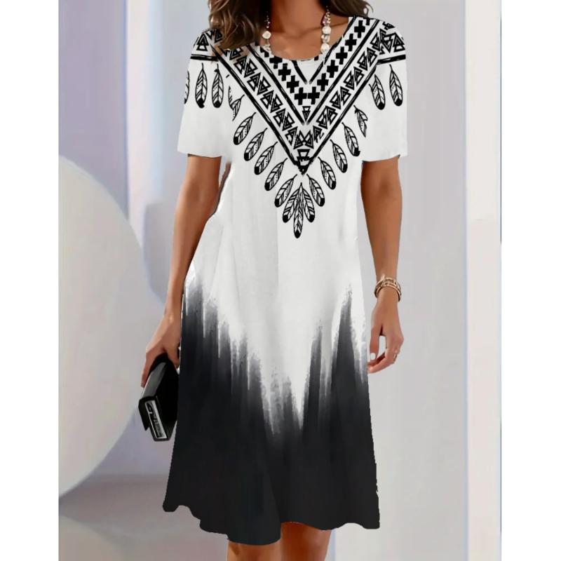 Damen Rundhals Kurzarm Knielang Geometrisches Kleid Damen Modisches 3D Gestreiftes Bedrucktes A-Linien Kleid Vestidos De Mujer