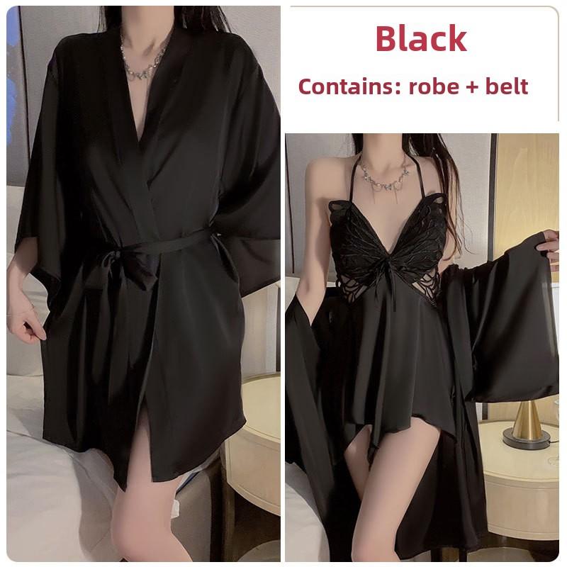 Sexy Ice Silk Large Size Pajamas Plus Chest Pads Gather Bow Nightgown Robe Loungewear Set