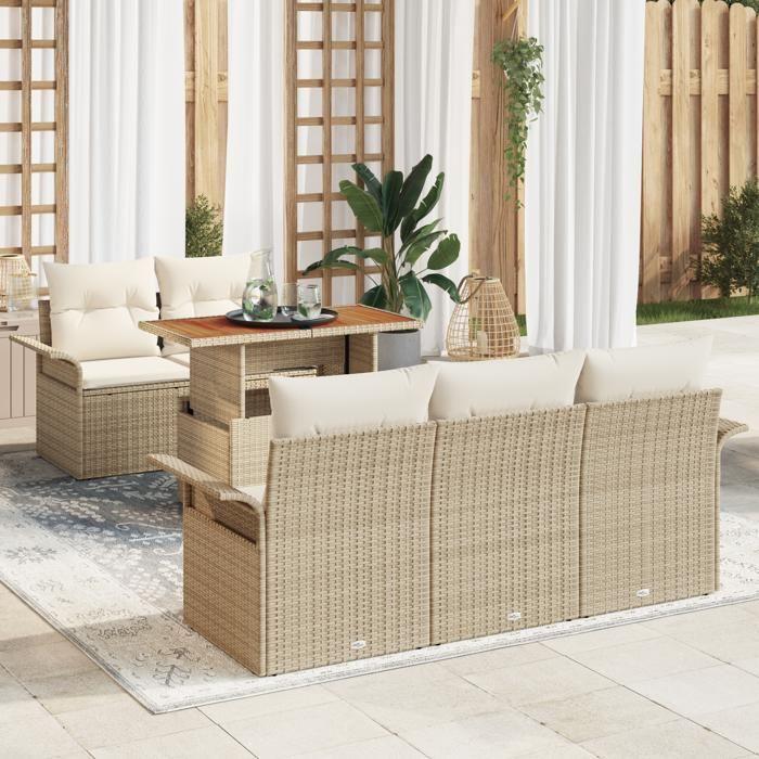 VidaXL Ensemble de canapés de jardin 6 pièces avec coussins Beige Poly Rotin Acacia 3349273