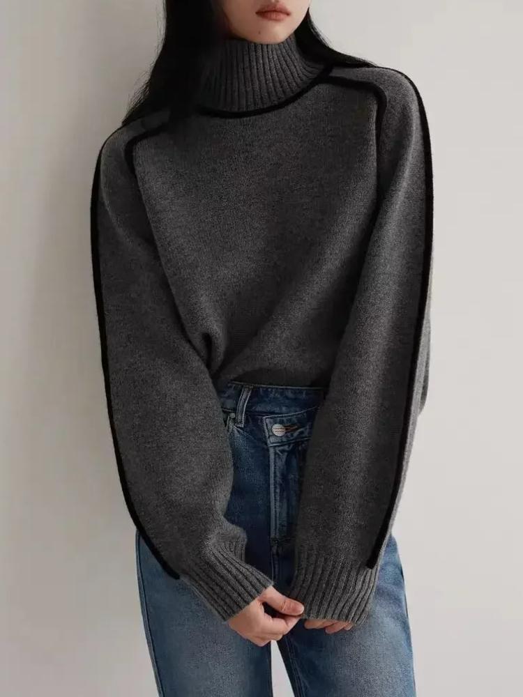 Podzim Zima Móda Nový Volný Svetr Dámský Elegantní Pletený Polovysoký Límec Dlouhý Rukáv Topy Elegantní Prošívání Dojížděcí Styl Teplý Svetr