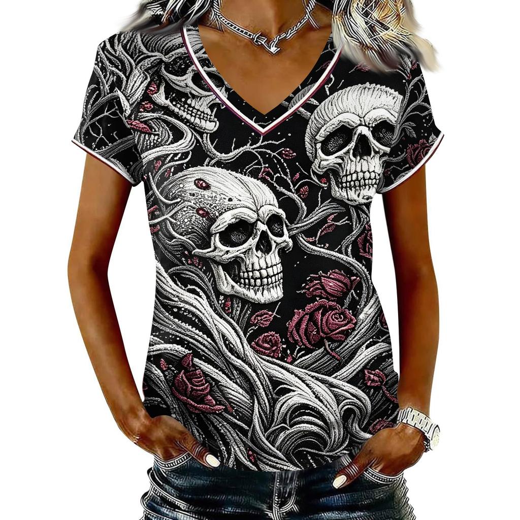 Women's V-Neck Short Sleeve T-Shirt with Halloween Print for Casual Wear