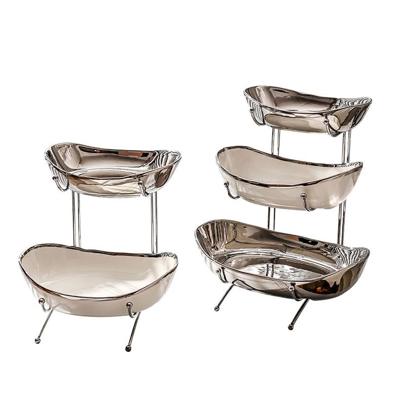 Simple Fruit Plate Multi Layered Light Luxury Ceramic Fruit Plate High Appearance Good Product Dry Fruit Plate Electroplated Yuanbao Candy Plate