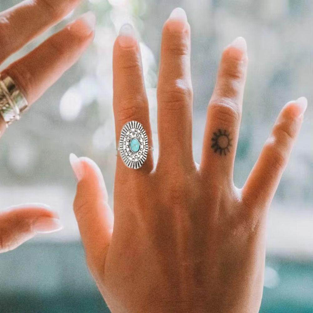 14 Pcs/set Carving Turquoise Rings Cactus Open Ring Vintage Bohemia Style Ring  Girl