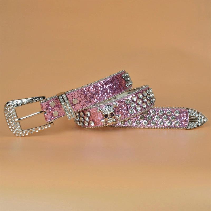 Steampunk Rhinestone Belt Women Waist Belt Western Cowgirl Skull Studded PU Leather Belt for Teenager Girl Female Male