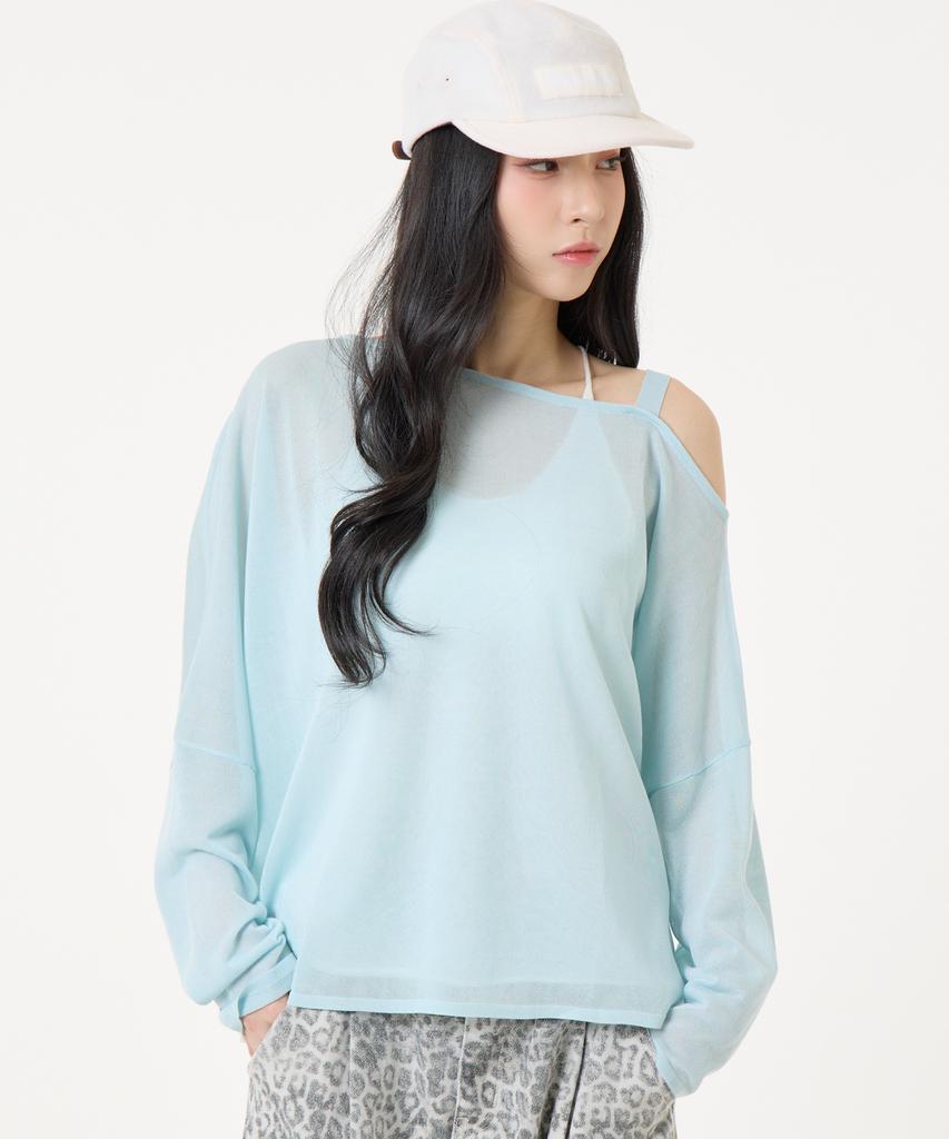 UNKNOWN PLANET Off-Shoulder Logo Long Sleeve Knit Light Blue