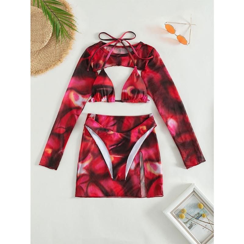 

Новый раздельный купальник-бикини тай-дай из четырех частей для женщин L красный