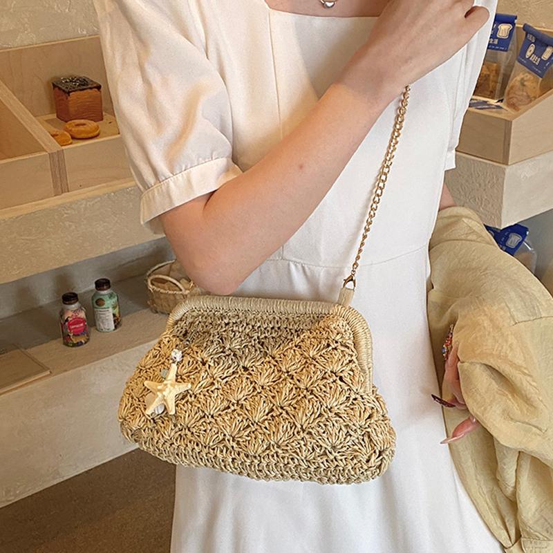 Yogodlns Women Straw Shoulder Bag Chain Strap Woven Crossbody Bags Large Capacity Cloud Clutch Purse Stylish Solid Color Beach Handbags