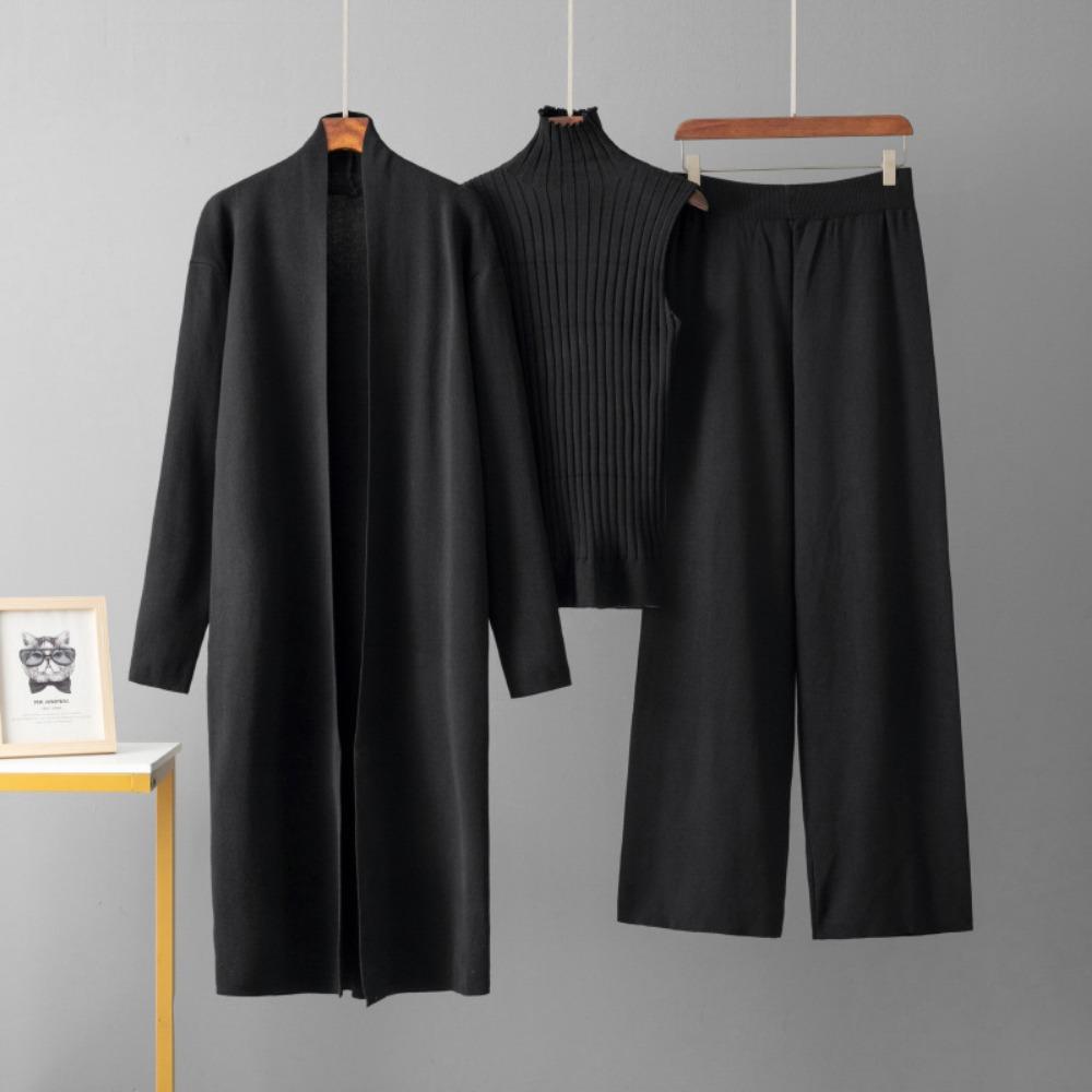 

Модний однотонний повсякденний костюм жіночий жакет-шаль кардиган + безрукавний жилет светр для піддягання + брюки кльош костюм-трійка One size чорний