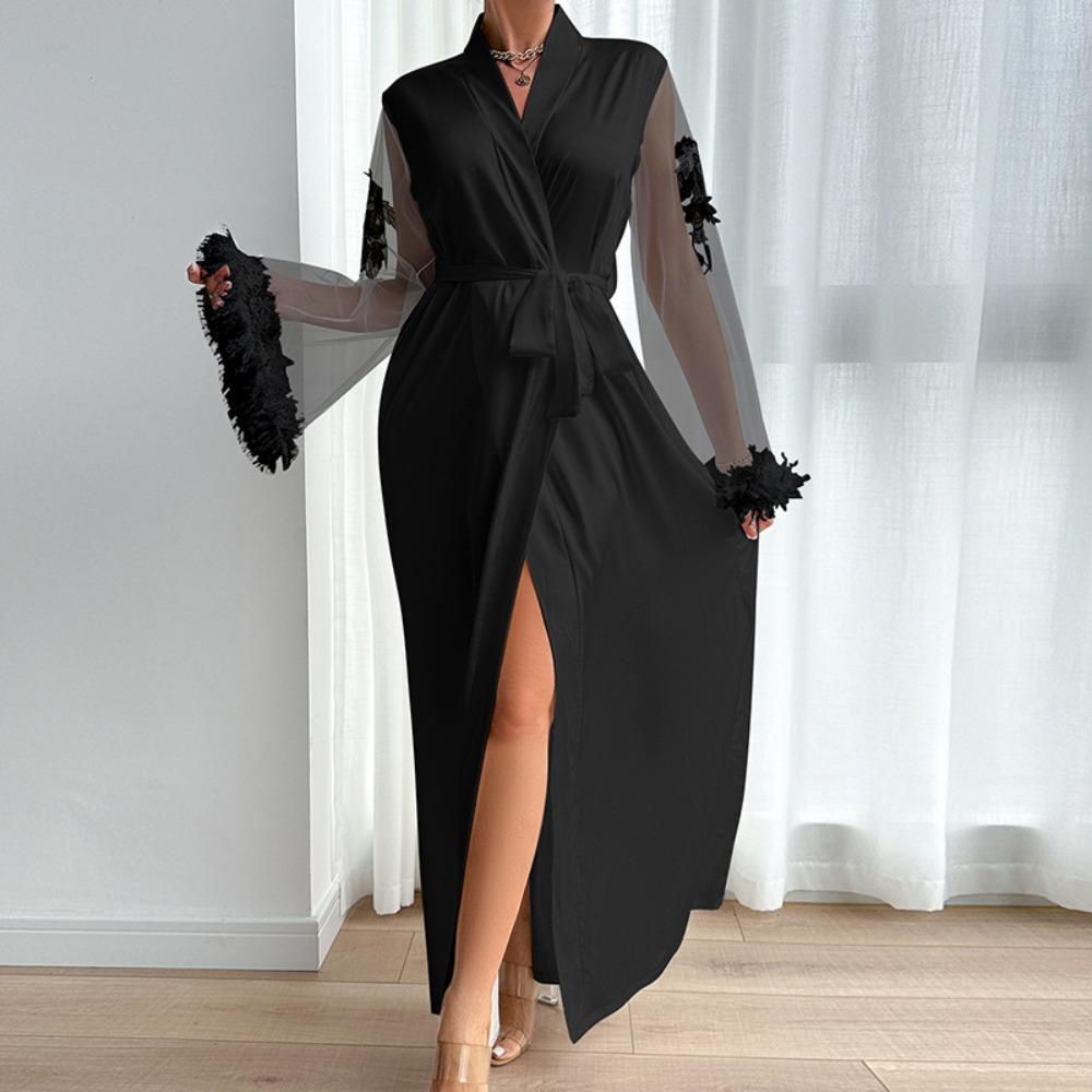 Satin Pajamas Women's Lace Light Luxury Long-sleeved Cool Nightgown Bathrobe Loungewear