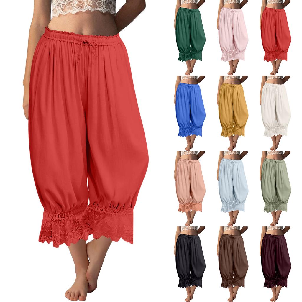 Damen Spitzenbesetzte Lange Rüschen Vintage Weitbein Hose Sommer Strand Reise Urlaubshose