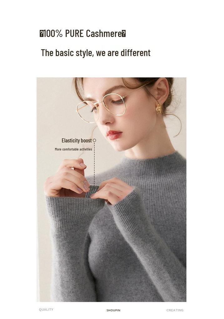 Women's 100% Pure Cashmere Seamless Half-High Collar Slim Fit Sweater - Perfect Knit Base for Autumn/Winter