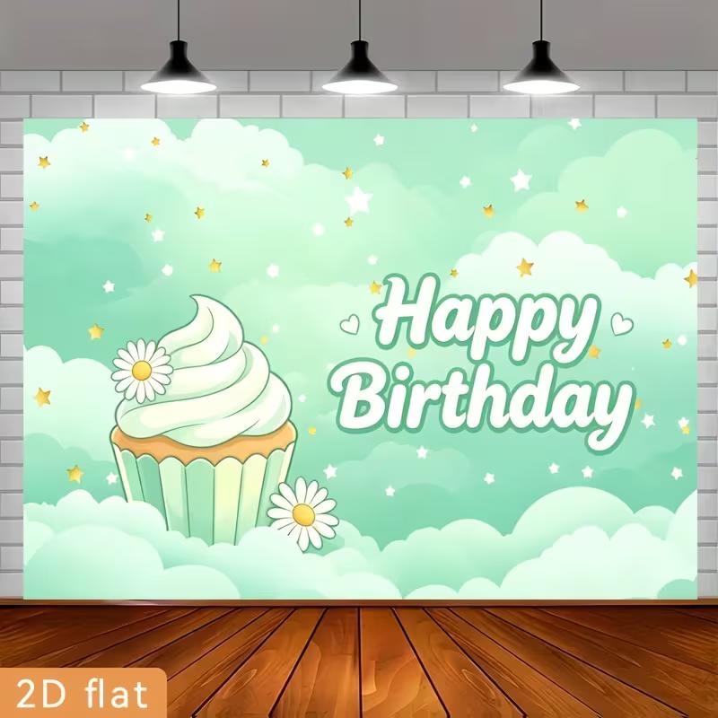 2D Flat Printing Happy Birthday with Cupcake, Clouds and Stars Backdrop 47.2x31.5inch/120*80cm