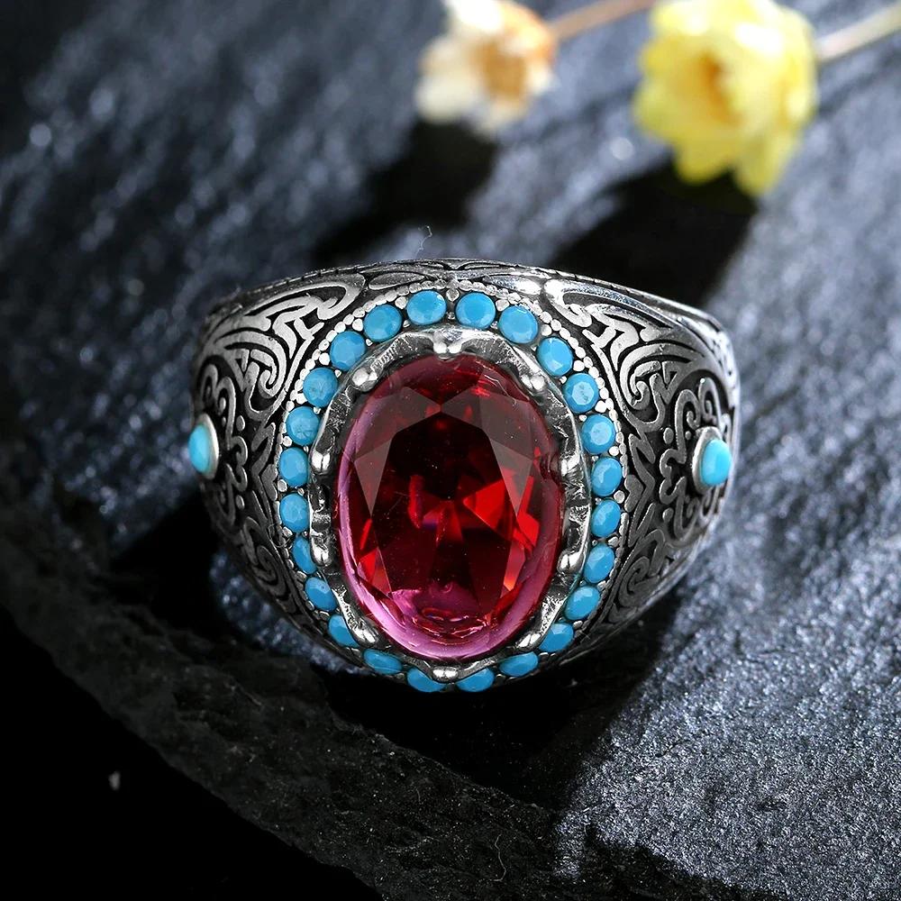 

Silver Ring for Men Women Blue Zircon Finger Ring Vintage Fine Jewelry Aquamarine Gemstone Jewelry Gift 6 красный