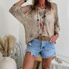 Womens V-Neck Knit Sweater Loose Fit Long Sleeve Solid Color Hollow Out Casual Top