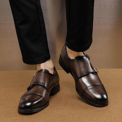 Men's Vintage British Three-Strap Monk Leather Shoes - Pointed Toe Formal Buckle Design
