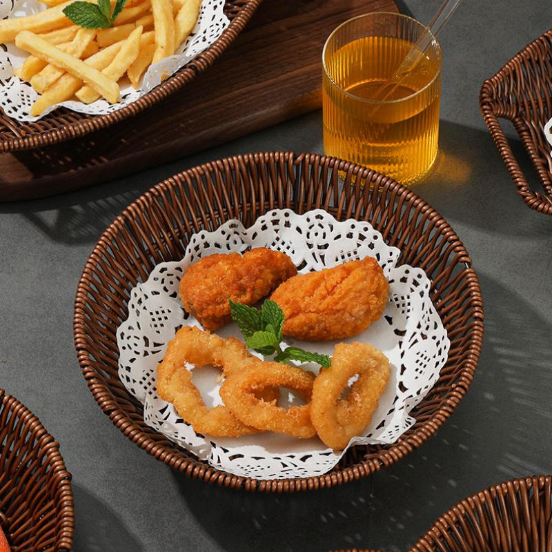 Imitation Rattan Tray Fruit Basket Bread Tray Deep Fried Food Tray 100pcs Lace Oil Absorbent Paper