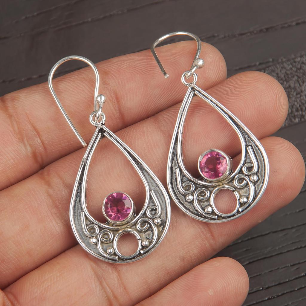 Pendiente de Turmalina Rosa de Plata de Ley Sólida 925, Pendiente de Joyería de Piedra Preciosa Hecho a Mano, Para el Día de los Caídos