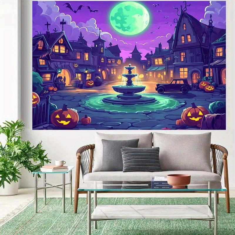 1 2D flaches Halloween-Kürbisdorf-Hintergrundstoff, mit einem Mond und einem Brunnen | Horror-Partydekoration