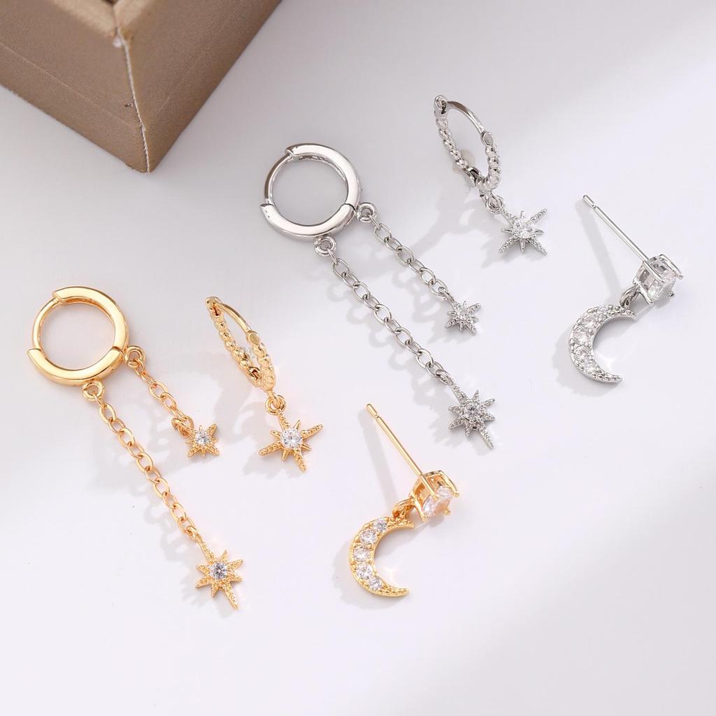 European and American Asymmetrical Star & Moon Earrings Set: Fashion Zircon Studs & Ear Cuffs