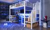 Loft bed, 90 x 200 cm, iron frame, storage, staircase with storage, safety railing, LED light strip, desk, USB port, without mattress, white