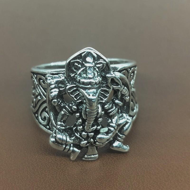 Adjustable Open Ring Men Women Sterling Elephant God Design Retro Geometric Jewelry Vintage Style