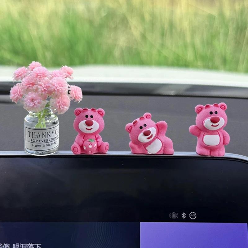 Car ornament cute strawberry bear central control screen decompression little doll car interior decoration new internet famous